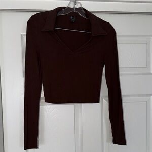 Cider Chocolate Brown Collared Crop Top